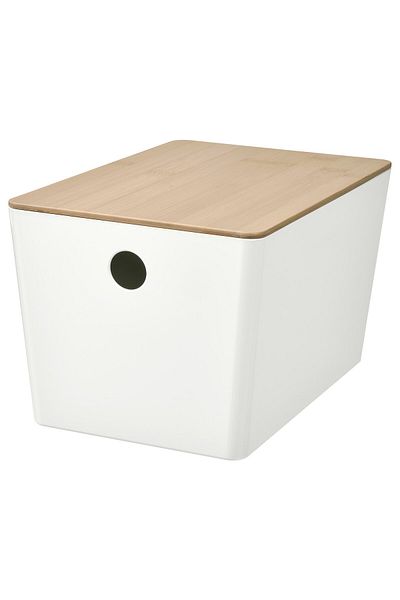 erorex Box with lid, white/bamboo, 18x26x15 cm