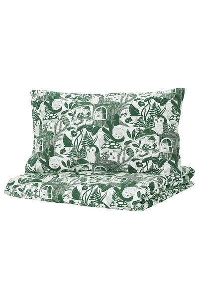 erorex Duvet cover and pillowcase, white green/forest pattern, 150x200/50x80 cm