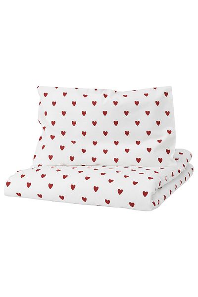 erorex Duvet cover 1 pillowcase for cot, heart pattern/white red, 110x125/35x55 cm