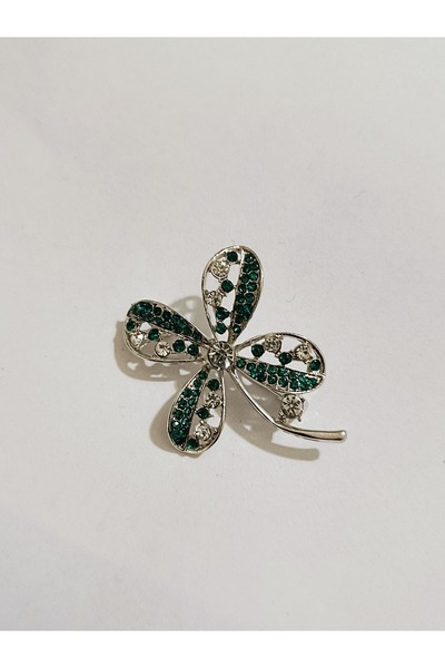 ESJ Kristal Zirkon Taş Yeşil Yonca Kadın Broş Ebat: 4*4,5 cm