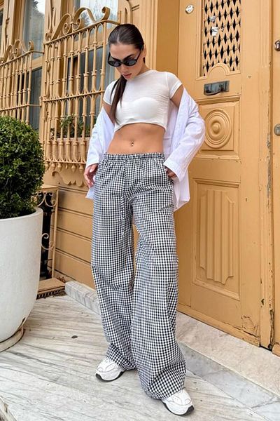 Madmext Schwarze Gingham-Damenhose mit weitem Bein Mg2335