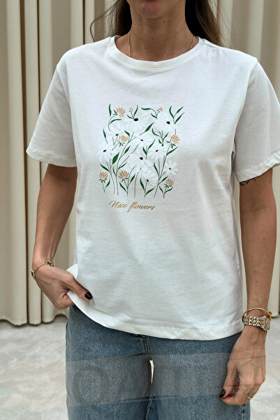 Qaju Жіночий футболка з коротким рукавом з квітковим принтом (T-shirt)