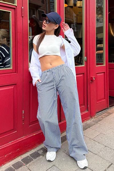 Madmext Marineblaue Gingham-Damenhose mit weitem Bein Mg2335