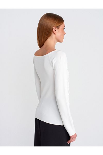 Dilvin Ecru V-Neck Front Gathered Knitwear Sweater - 10710