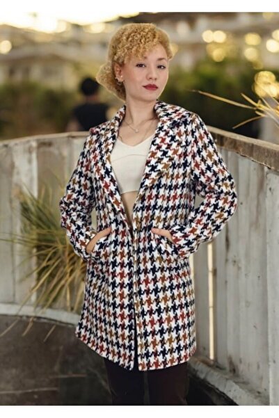 yagmurberen Жіночий пальто з підкладкою, з візерунком «гусяча лапка», середньої довжини