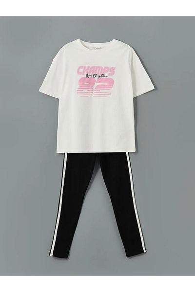 LC Waikiki Lcw Kids Ecru Crew Neck Girls T-Shirt & Leggings