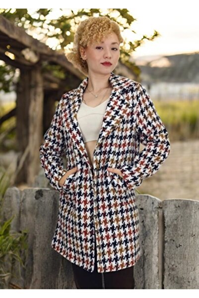 yagmurberen Жіночий пальто з підкладкою, з візерунком «гусяча лапка», середньої довжини