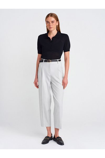 Dilvin 71533 Belted Carrot Fit Trousers-Light Gray
