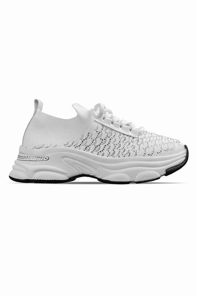 Lal Shoes & Bags Pantofi sport de damă din nailon alb - tricotaje cu detaliu de piatră și șireturi