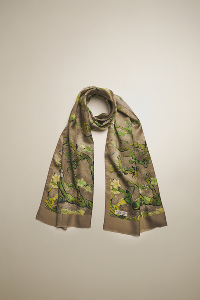 silqoora وشاح شال حرير 100% (45×165 سم) - فنسنت فان جوخ (شجرة اللوز كاكي)