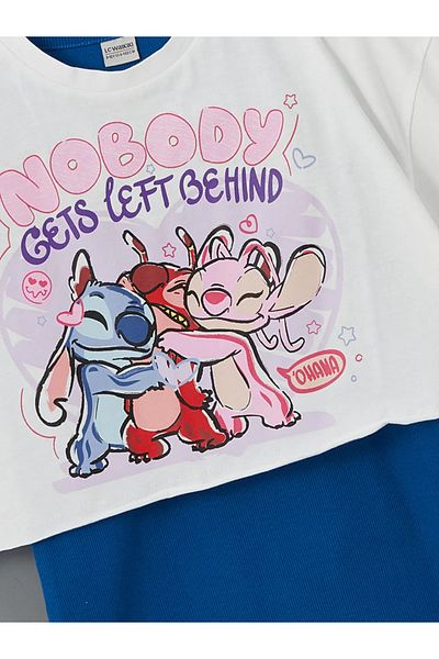 LC Waikiki LCW Kids White Crew Neck Lilo και Stitch εμπριμέ μπλουζάκι και φόρεμα για κορίτσια