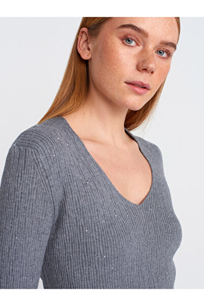 Dilvin 10708 Model V-Neck Thin Sweater - Sequin, Soft Texture, Smoked m