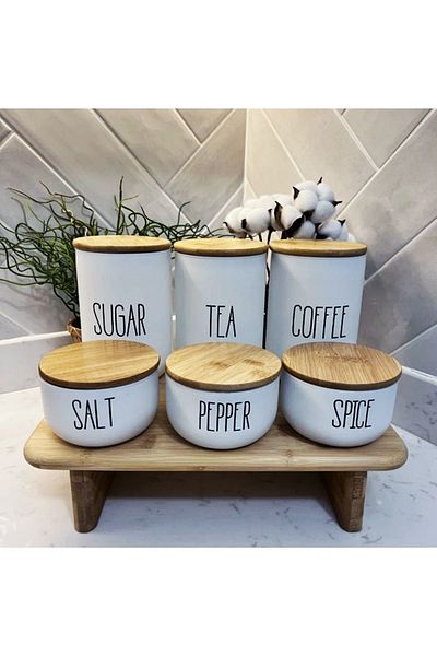 Bonjour Gift & Hobby 6-Piece Spice Rack Set & Stand Bamboo Lid Tea/Coffee/Candy and Salt/Pepper/Spice Set