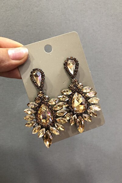 Hobigram Geniş Mekik Gold Taşlı Şık Düğün Kına Küpesi – Kadın Aksesuar Takı S...