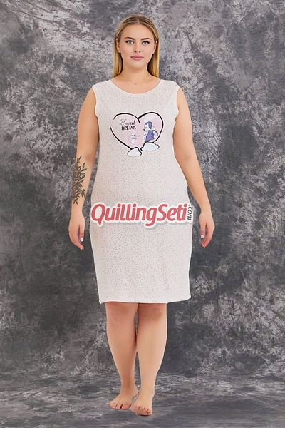 quilling Navy Blue - White Color, Patterned, Sleeveless Large Size 2-Piece Mother's Nightgown Set with Dressing Gown - 19233