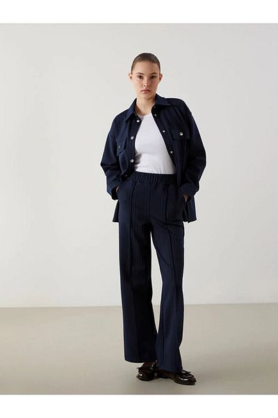 LC Waikiki Lcw Modest Navy Blue Elastic Waist Striped Women's Pants