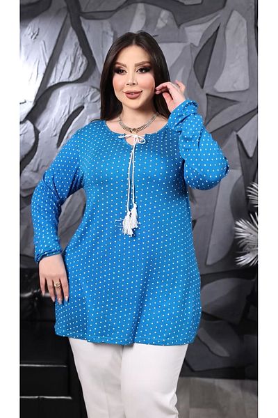 HÜLYA BUTİK Women's Plus Size Turquoise Polka Dot Neckline Lace up Blouse