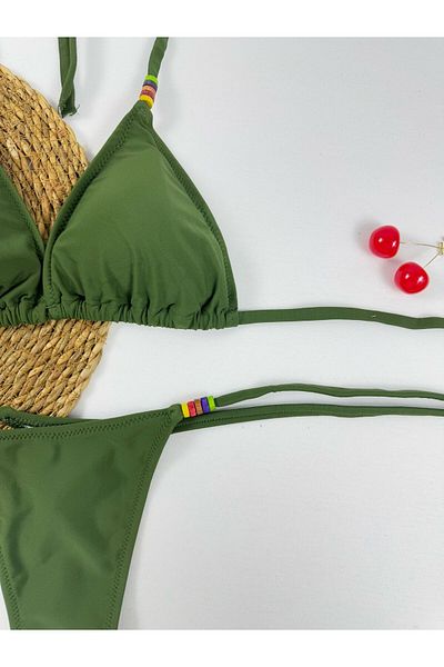 FUNELLA Set de bikini pentru femei din lycra cu margele de culoare kaki