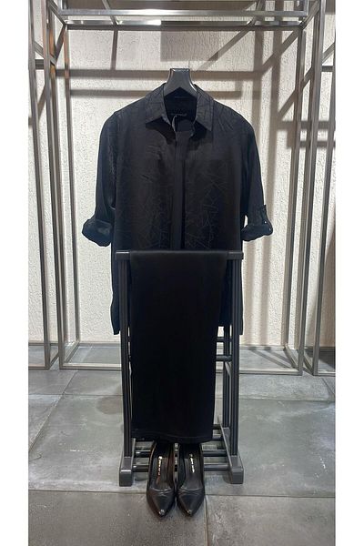 SERTUĞ Tren42Plus Large Size Geometric Patterned Sleeve Epaulet Detailed Black Double Suit