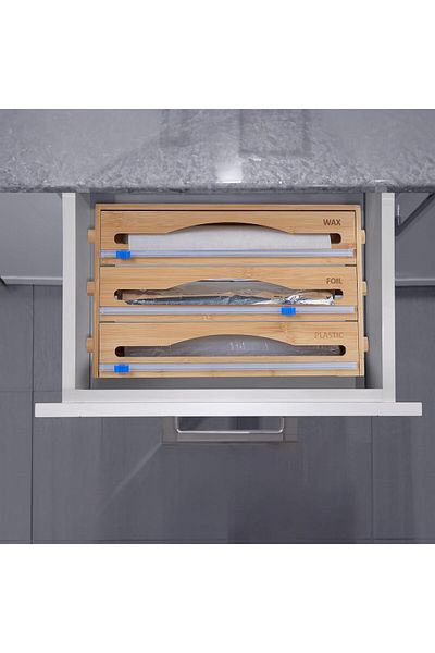 Vadi 3 Compartment Bamboo Cling Film and Foil Organizer Box