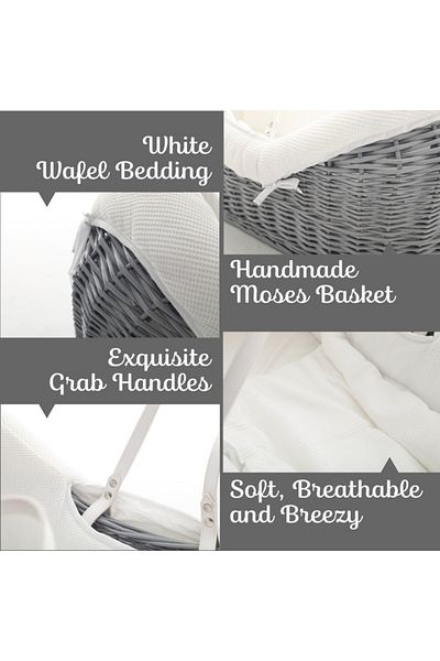 TEKNUM Infant Wicker Pod Moses Basket with White Waffle Beddings - Wooden Grey