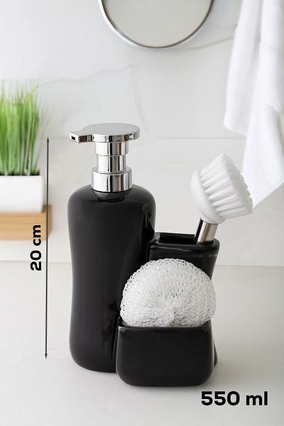 Porsima 268669 Дозатор за течен сапун за плот, черен, с четка и гъба, порцеланов дозатор за сапун (550 мл) 20 см