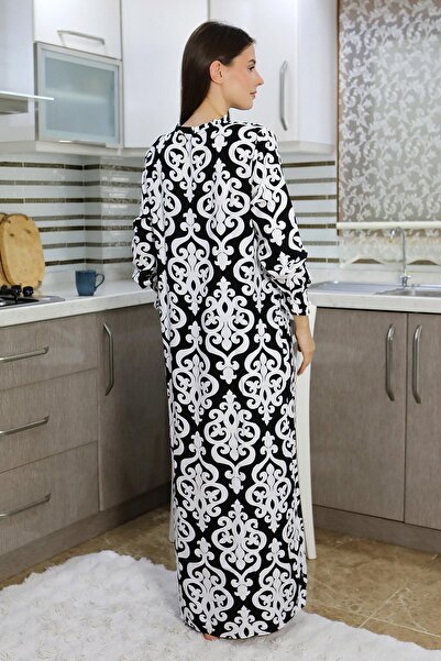 Akbeniz Μαύρο μακρυμάνικο χτενισμένο βαμβακερό γυναικείο νυχτικό και φόρεμα σπιτιού - 25500