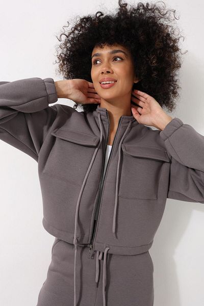 AMİDA Anthracite High Collar Crop Jacket with Pockets - 2467