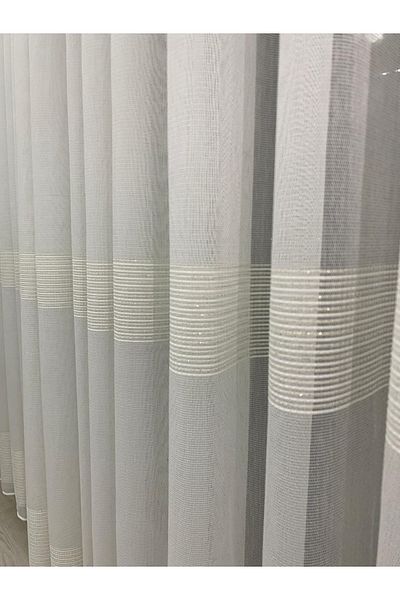 İNCİLİFE 18101 Gold Silvery Horizontal Striped Modern Ecru Tulle Curtain 1/3 Folded