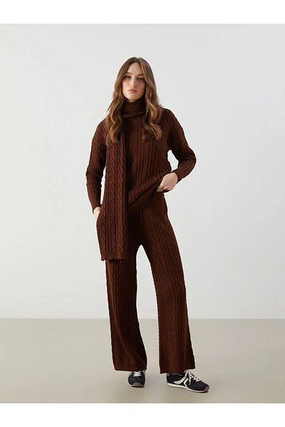 LC Waikiki Lcw Modest Brown Elastic Waist Self Patterned Women's Knitwear Pants