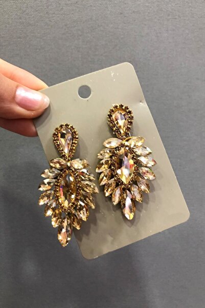 Hobigram Gold Ince Mekik Taşlı Şık Düğün Kına Küpesi – Kadın Aksesuar Takı Seti Zarif Abiye Takı