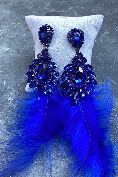 Hobigram Saks Mavi Tüylü Taşlı Gösterişli Kına Düğün Abiye Küpe – Kadın Akses...