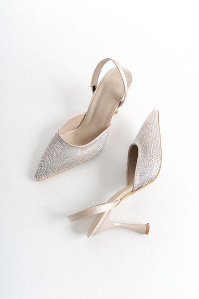 Tamdabu Ayakkabı Stoned Detailed Cream Thin Heeled Evening Dress Women's Heeled Shoes