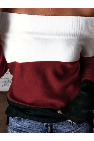Inciqueen Women's Long Sleeve Off-The-Shoulder Long Sleeve Block Striped Knitwear Blouse