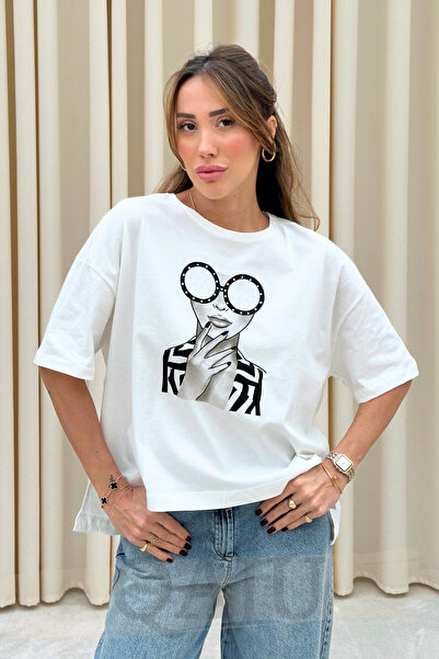 Qaju Women's Ecru Women's Pattern Crew Neck Oversize T-Shirt (T-Shirt)