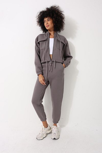AMİDA Anthracite High Collar Crop Jacket with Pockets - 2467