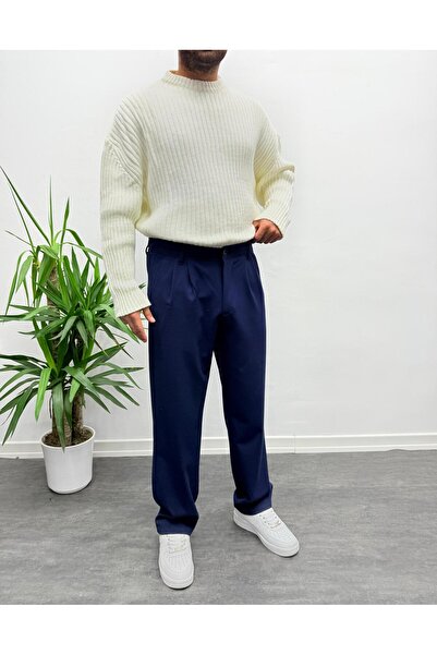 MENOFOURSWEAR Lacivert Pileli Baggy Kumaş Pantolon