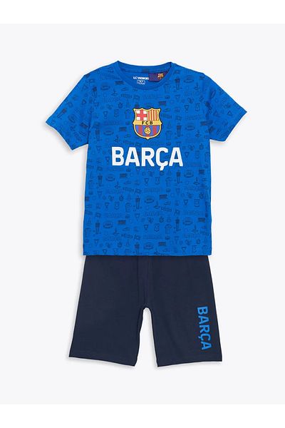 LC Waikiki Lcw Kids Blue Crew Neck Barcelona Printed Boys' Pajamas Set with Shorts
