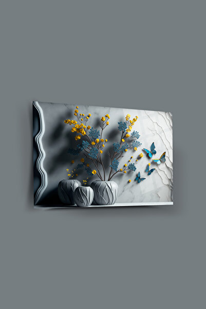 glassartdesign Albastru Galben Floare și Fluturi Modern Sticlă Pictură Salon ...