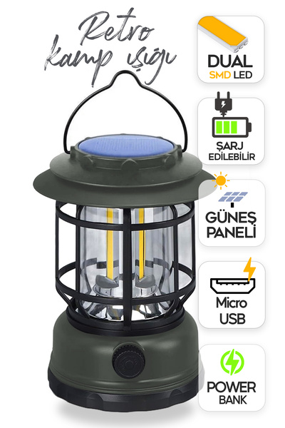 SULED Retro Kamp Lambası Fanus Fener Micro Usb Güneş Şarjlı 10w Güçlü Led Işık Power Bank Özellikli
