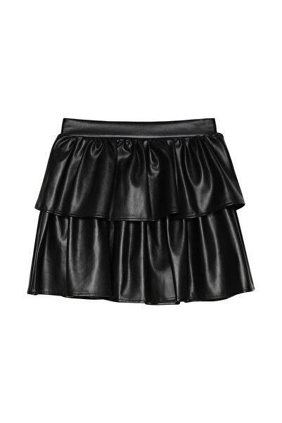 Quzu Suni Deri Volanlı İçi Şortlu Fermuarlı Etek