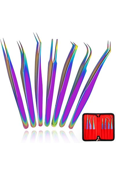 YYB مجموعة ملاقط تمديد الرموش مكونة من 7 قطع مجموعة رموش قوس قزح من الفولاذ ا...