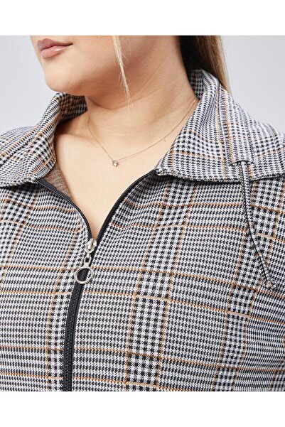 Şans Γυναικείο μπουφάν μεγάλου μεγέθους βιζόν, καρό μοτίβο με φερμουάρ 65N38791