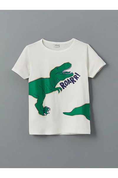 LC Waikiki Lcw Eco White Crew Neck Dinosaur Printed Boys' Pajamas Set with Shorts