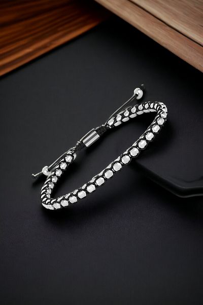 Daniel Klein Original Men's Bracelet Stainless Steel Detailed Silver Black Color Macrame Knitted Buckle