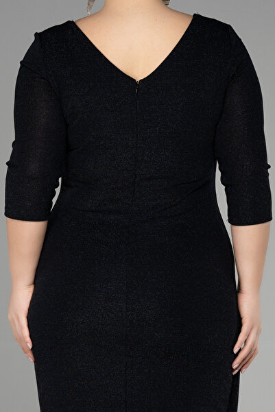 Efelif Siyah Kapri Kol Midi Simli Büyük Beden Davet Elbisesi Abk39922