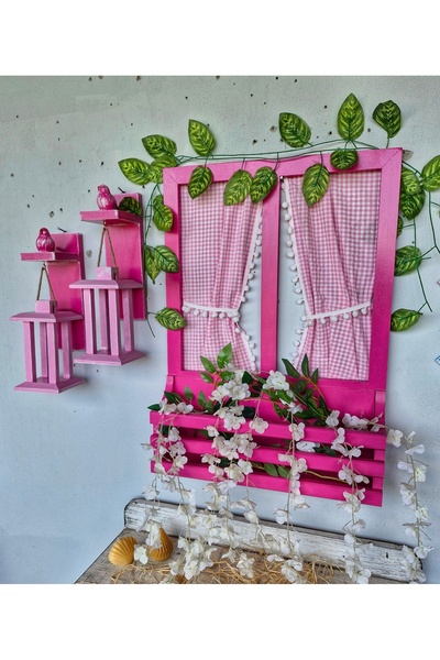 Home Pembe balkon dekoru,ahşap saksılı pencere ve fener set,duvar dekoru,bahçe balkon süsleri