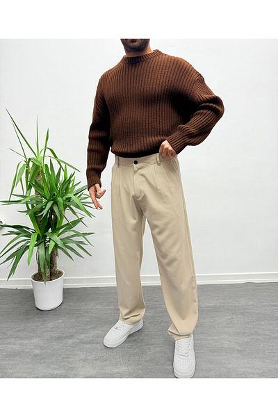 MENOFOURSWEAR Beige Pleated Baggy Fabric Trousers