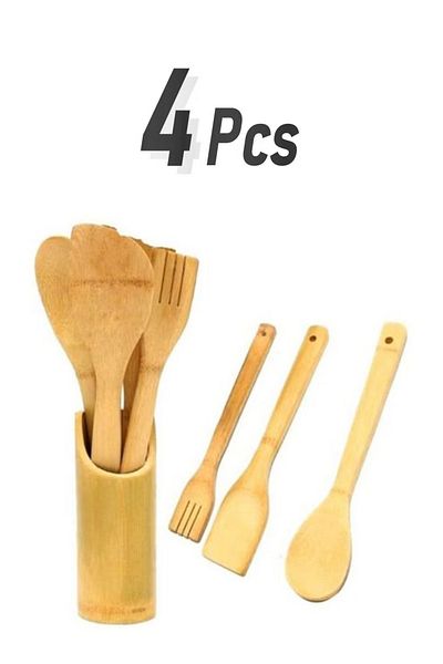 Primo Plus 4-Piece Wooden Spoon Set With Stand Beige