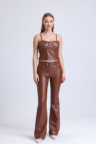 Sense Pantaloni din piele artificială cu centură evazată Pnt33313 Maro